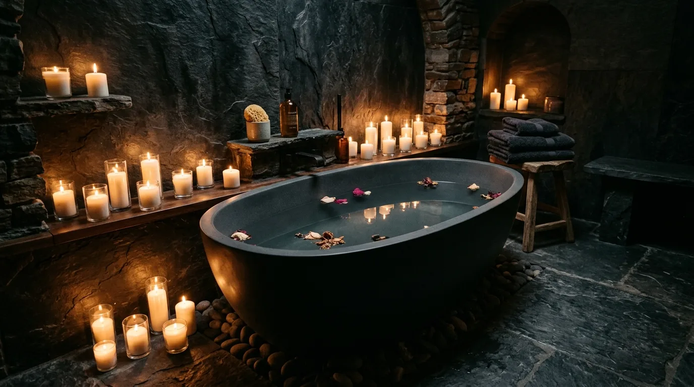 Use a walk in shower to make the materials feel immersive inspiration for a moody bathroom.